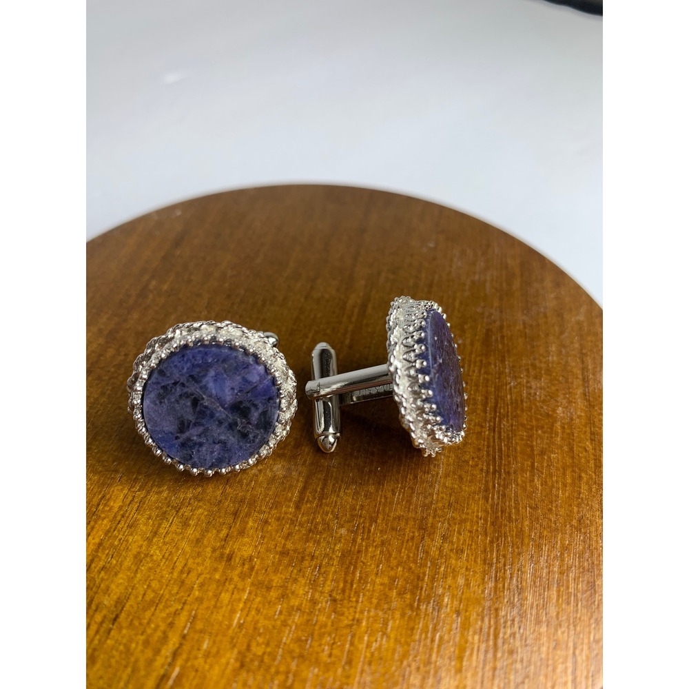 Vintage Dante Men's Sodalite‎ Cufflinks Silver Tone Round Blue Stone Formal Wear